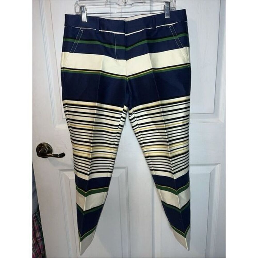 J. Crew Skimmer Striped Ankle‎ Pants Ivory Blue Green Yellow Black Slacks Size 8